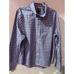 Jos A Bank Traveler  Shirt Mens XL Blue Purple Plaid Slim Fit Dress Button Up